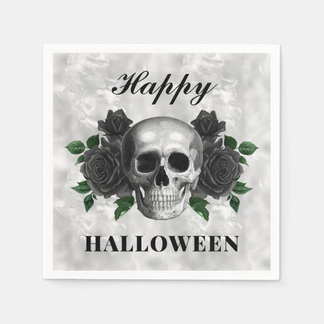 Gothic Black Roses & Skull Happy Halloween Napkin (Front)