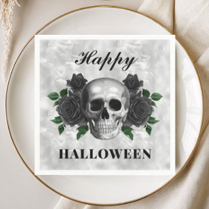 Gothic Black Roses & Skull Happy Halloween Napkin