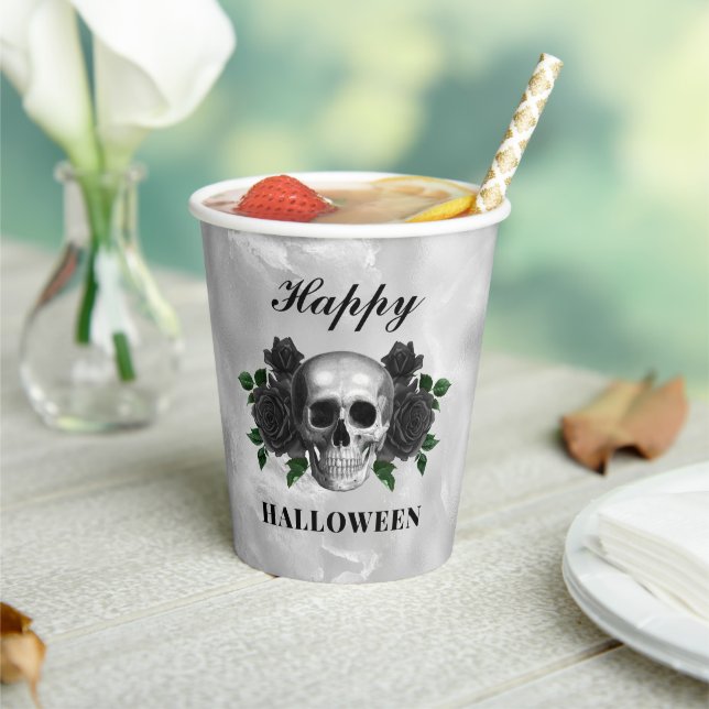 Gothic Black Roses & Skull Happy Halloween Paper Cups (Insitu)