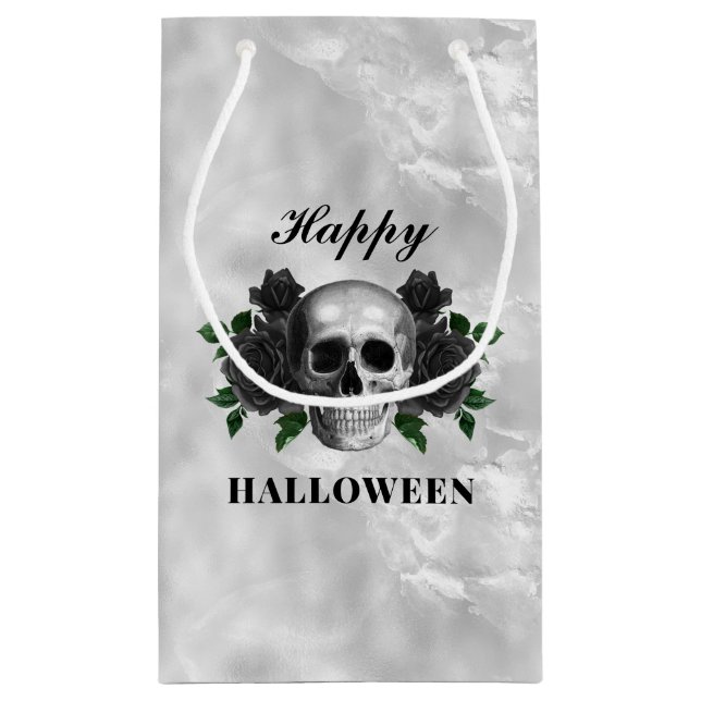 Gothic Black Roses & Skull Happy Halloween Small Gift Bag (Back)
