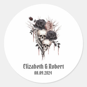 Gothic Black Roses Skulls Wedding  Classic Round Sticker