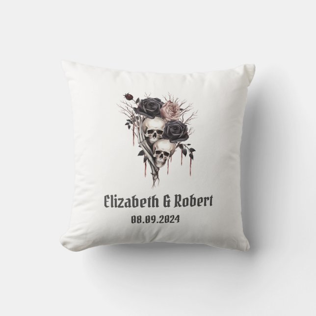 Gothic Black Roses Skulls Wedding  Cushion (Front)