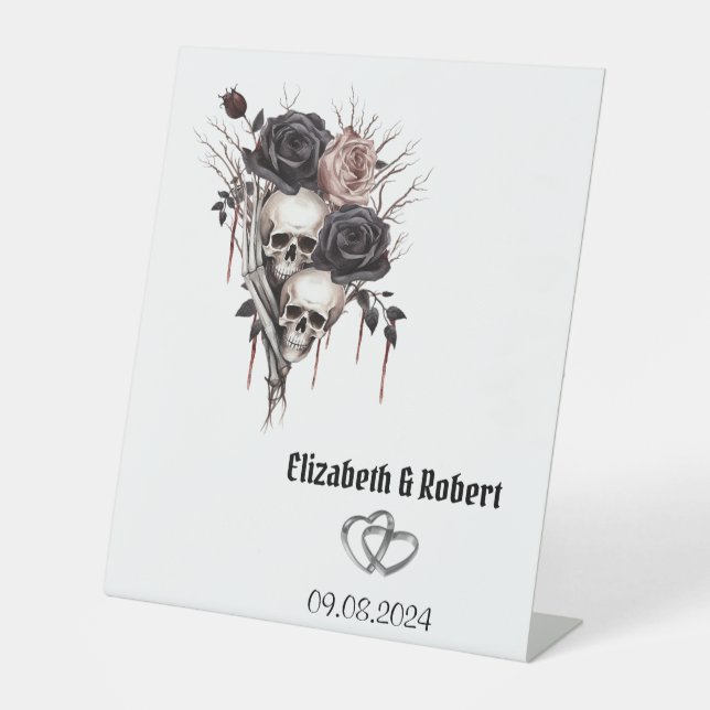 Gothic Black Roses Skulls Wedding  Pedestal Sign (Front)