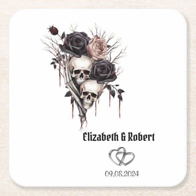 Gothic Black Roses Skulls Wedding  Square Paper Coaster (Front)