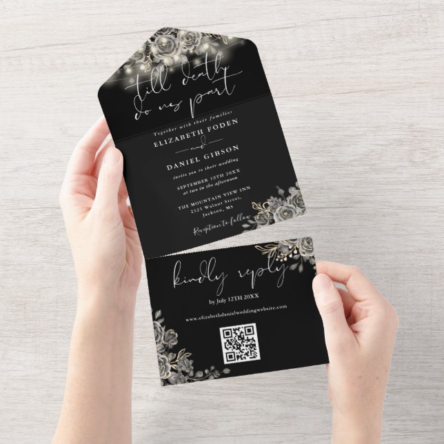 Gothic Black Roses String Lights QR Code Wedding All In One Invitation (Tearaway)