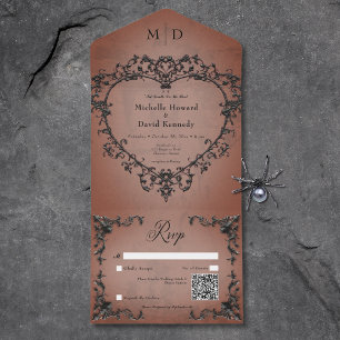 Gothic Black & Rust Filigree Heart QR Code All In One Invitation