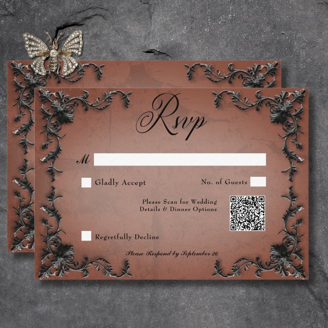 Gothic Black & Rust Filigree Heart QR Code RSVP Card (Gothic Black & Rust Filigree Heart QR Code RSVP Card)