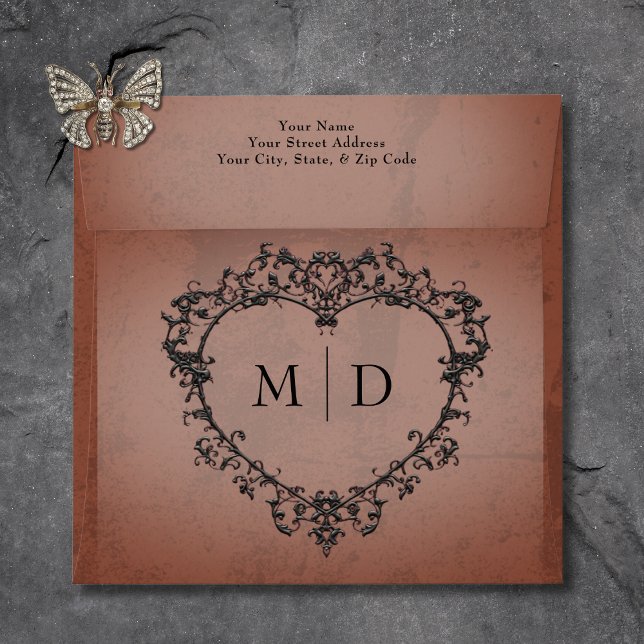 Gothic Black & Rust Filigree Heart Wedding Envelope (Gothic Black & Rust Filigree Heart Wedding Envelope)