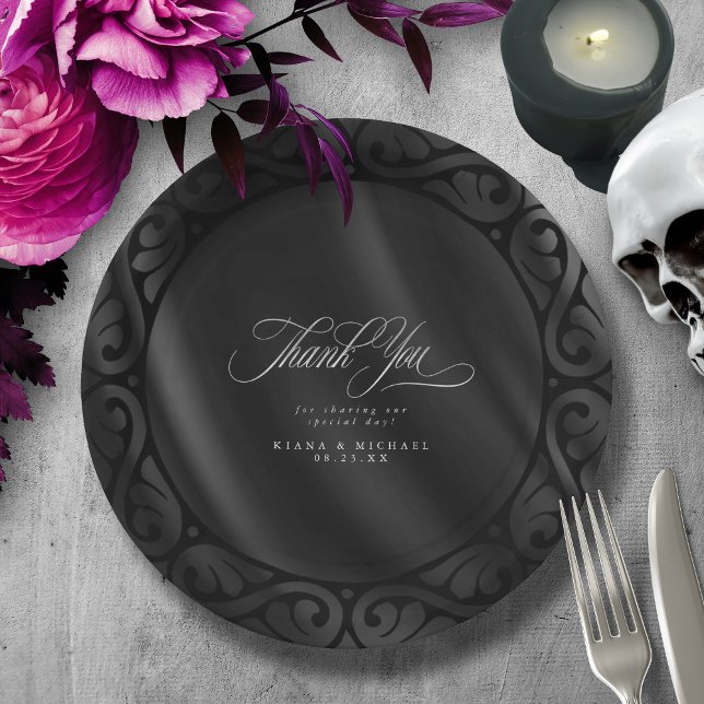 Gothic Black Scrollwork & Satin Wedding ID866 Paper Plate (Creator Uploaded)