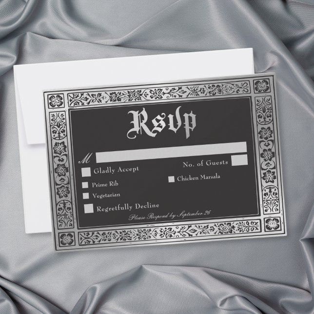 Gothic Black Silver Mediaeval Wedding RSVP Card (Gothic Black Silver Medieval Wedding RSVP Card)