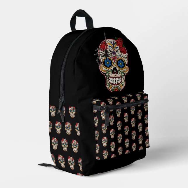 Gothic Black Spider Roses Ornaments Sugar Skull Printed Backpack (Back Corner Left)