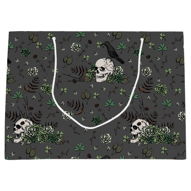 Gothic Black St Patricks Day Floral Skulls Irish  Large Gift Bag (Front)