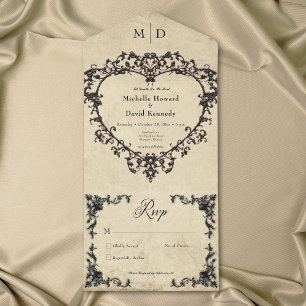 Gothic Black Tan Parchment Filigree Heart Wedding All In One Invitation