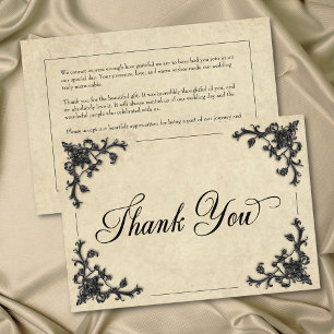 Gothic Black Tan Parchment Filigree Heart Wedding Thank You Card