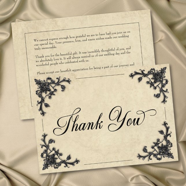 Gothic Black Tan Parchment Filigree Heart Wedding Thank You Card (Gothic Black Tan Parchment Filigree Heart Wedding Thank You Card)