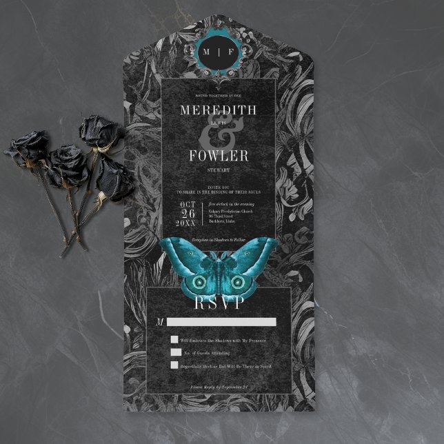 Gothic Black Teal Filigree Moth No Dinner Wedding All In One Invitation (Creator Uploaded)