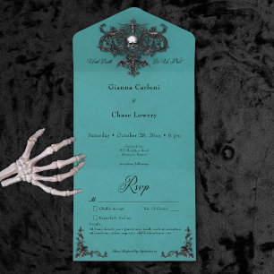 Gothic Black & Teal Halloween Filigree No Dinner All In One Invitation