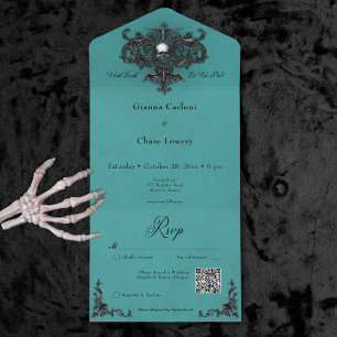 Gothic Black & Teal Halloween Filigree QR Code All In One Invitation