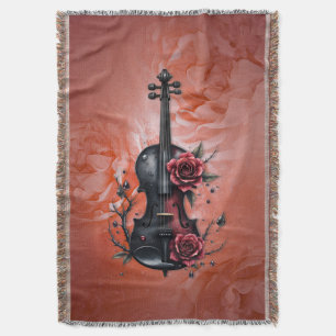 Gothic black violin with red roses  throw blanket