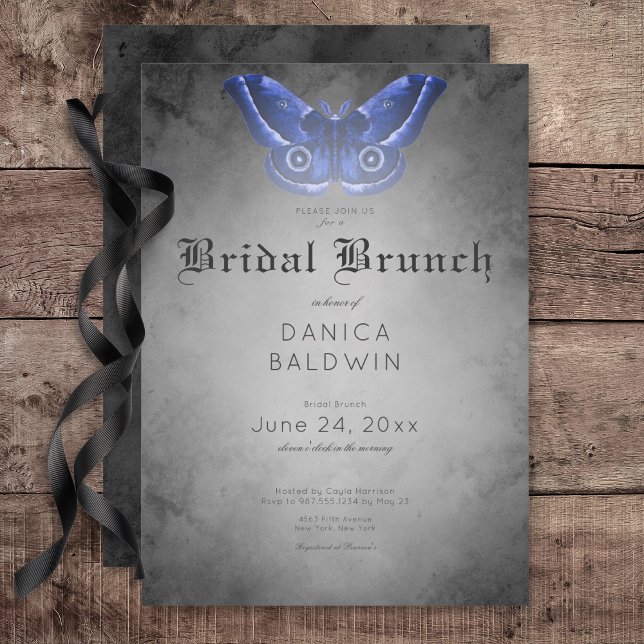 Gothic Black Watercolor Blue Moth Bridal Brunch Invitation (Gothic Black Watercolor Blue Moth Bridal Brunch Invitation)