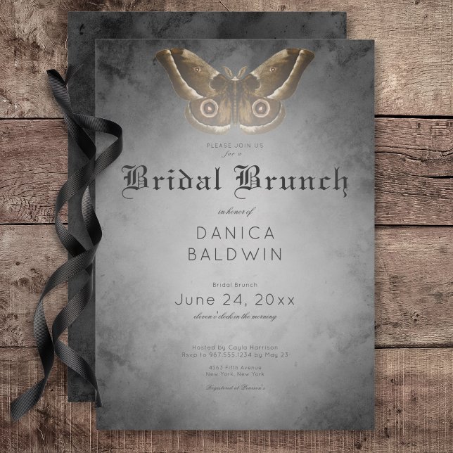 Gothic Black Watercolor Brown Moth Bridal Brunch Invitation (Gothic Black Watercolor Brown Moth Bridal Brunch Invitation)