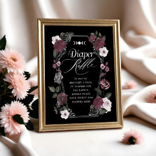 Gothic Black Watercolor Florals Diaper Raffle Sign