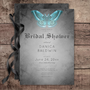 Gothic Black Watercolor Teal Moth Bridal Shower Invitation