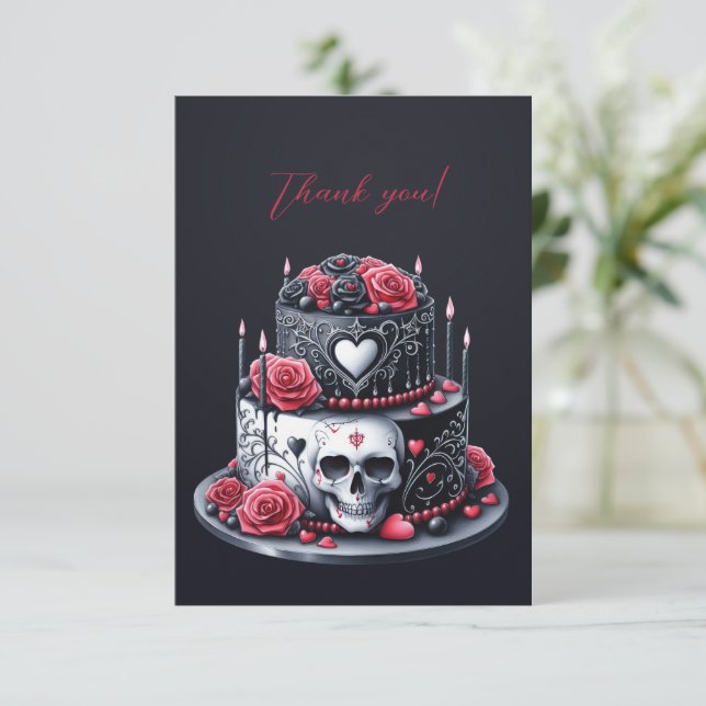 Gothic Black Wedding Cake Skull Flowers Thank You Card (Standing Front)