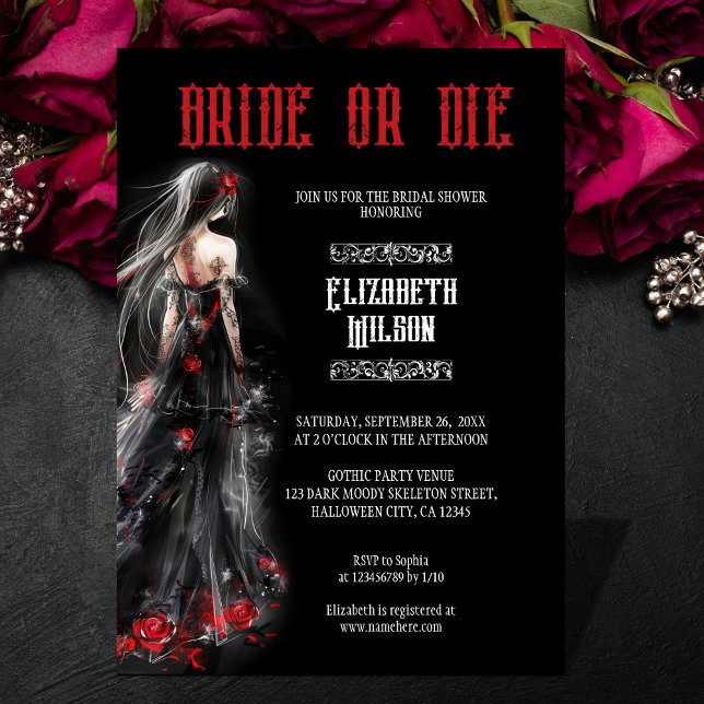 Gothic Black Wedding Dress Bride or Die Bridal Invitation (black gothic watercolor wedding dress)