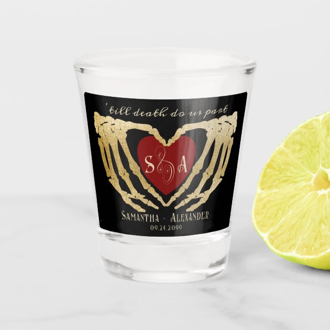 Gothic Black Wedding Skeleton Hands Till Death Shot Glass (Front)