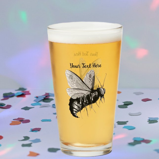 Gothic Black White Bee Crossbones Skulls on Wings Glass (Gothic black white bee big stinger skull crossbones on wings on glass drink tumbler.)