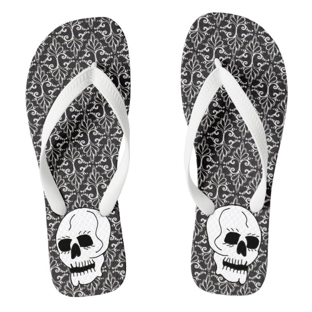 Gothic Black White Damask Pattern White Skull Flip Flops (Footbed)