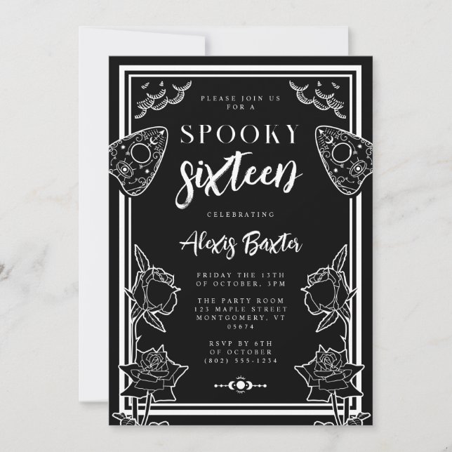 Gothic Black White Floral Typography Sweet Sixteen Invitation (Front)