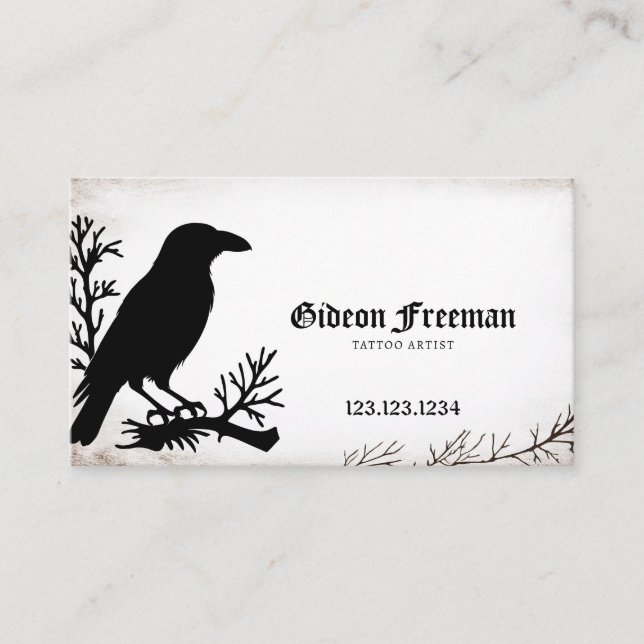 Gothic Black & White Gritty Texture Crow Tattoo Business Card (Front)