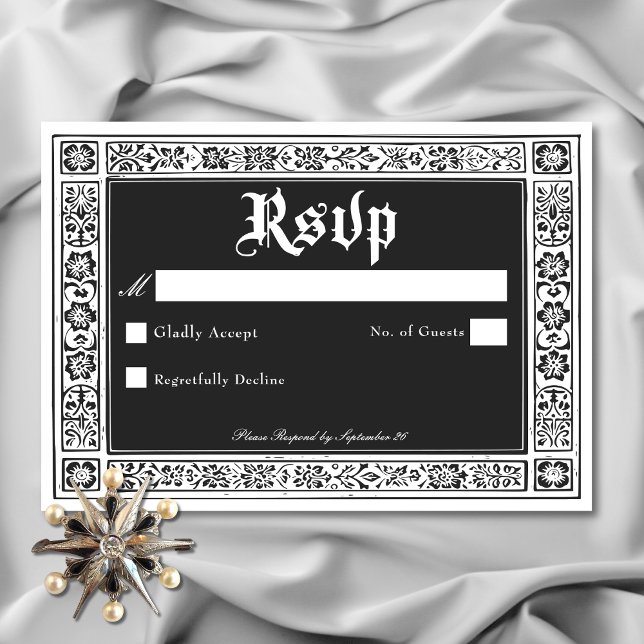 Gothic Black White Mediaeval Until Death Wedding RSVP Card (Gothic Black White Medieval Until Death Wedding RSVP Card)