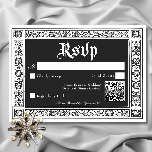 Gothic Black White Mediaeval Until Death Wedding RSVP Card (Gothic Black White Medieval Until Death Wedding RSVP QR Code)