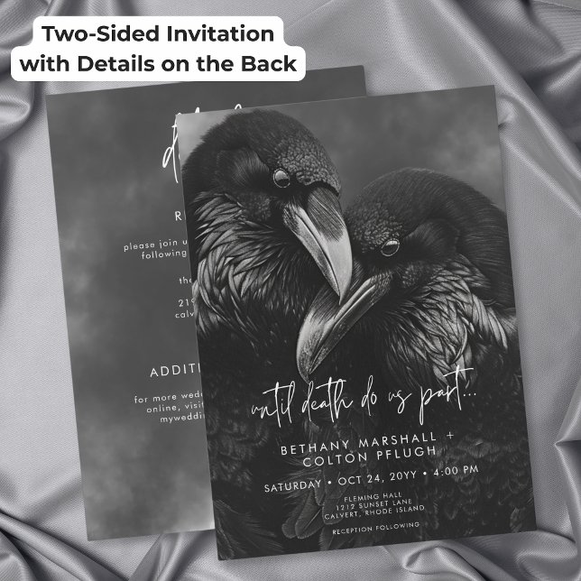 Gothic Black White Raven Embrace Wedding Two Sided Invitation (Gothic Black White Raven Embrace Wedding Two Sided Invitation)