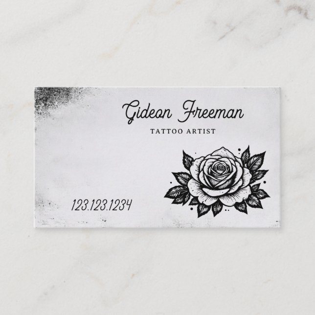 Gothic Black & White Rose Tattoo Artist Business Card (Front)