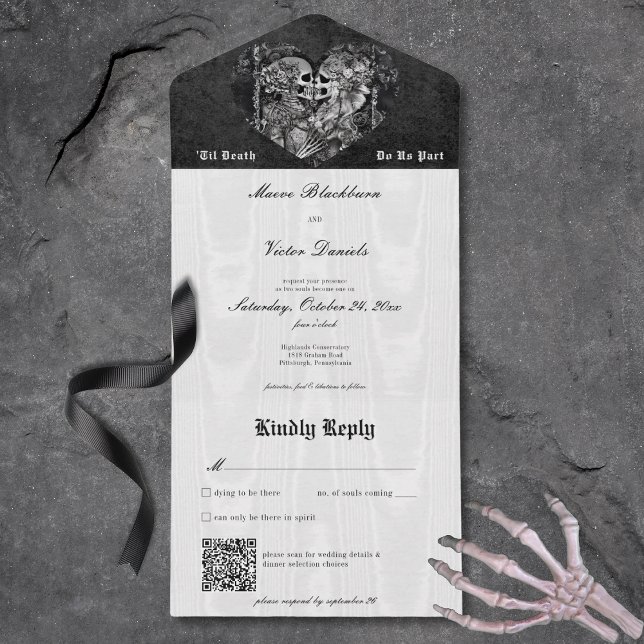 Gothic Black & White Skeleton Couple QR Code All In One Invitation (Gothic Black & White Skeleton Couple QR Code All In One Invitation)