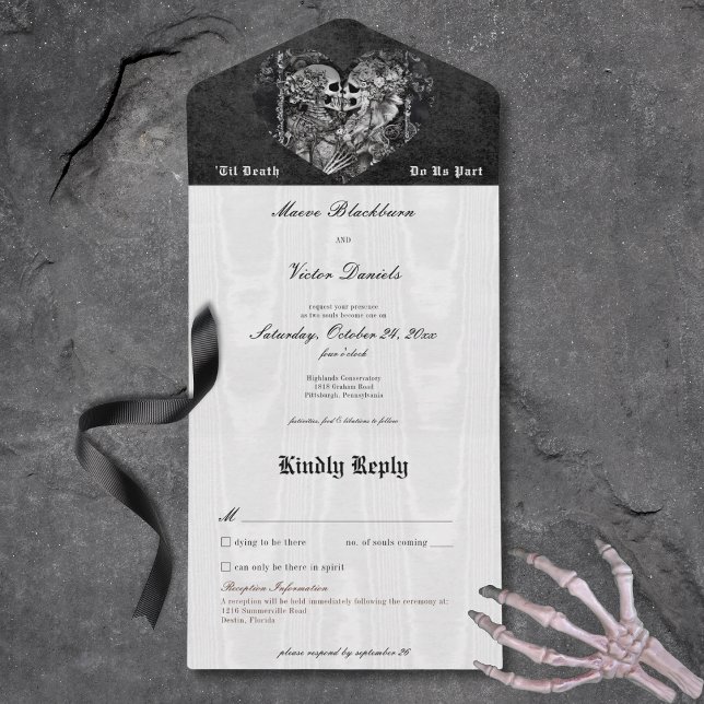 Gothic Black & White Skeleton Couple with Details All In One Invitation (Gothic Black & White Skeleton Couple with Details All In One Invitation)
