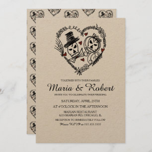 Gothic Black White Skeleton Doodle Wedding  Invitation