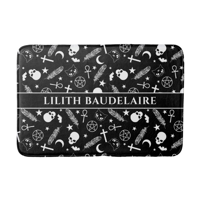 Gothic Black White Skull Cross Pattern Monogram Bath Mat (Front)