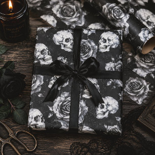 Gothic Black & White Skulls and Roses Wrapping Paper Sheet