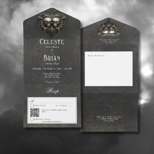Gothic Black & White Skulls & Heart QR Code All In One Invitation
