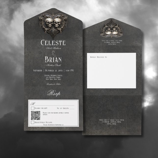 Gothic Black & White Skulls & Heart QR Code All In One Invitation (Gothic Black & White Skulls & Heart All In One Wedding Invitation with QR Code)