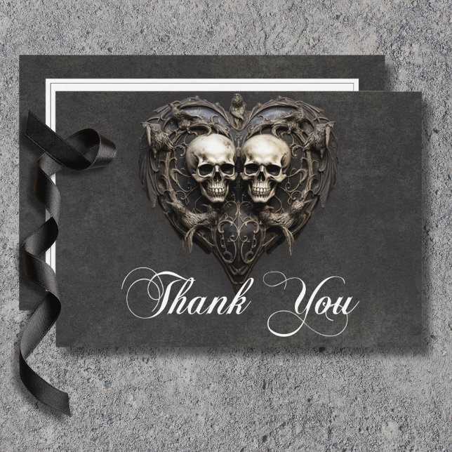 Gothic Black & White Skulls & Heart Wedding Thank You Card (Gothic Black & White Skulls & Heart Wedding Thank You Card)
