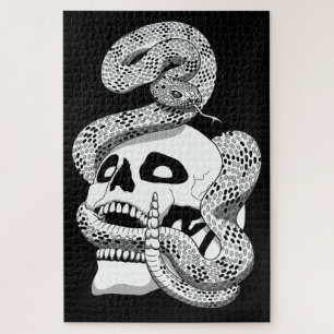Gothic Black & White Snake and Skull Dark Art Jigsaw Puzzle