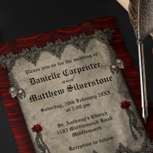 Gothic Blood Red Roses and Silver Skulls Wedding Invitation