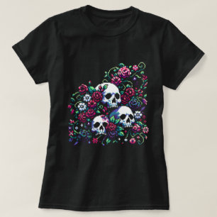 Gothic Bloom Floral Skulls in Elegant Pixel Art T-Shirt