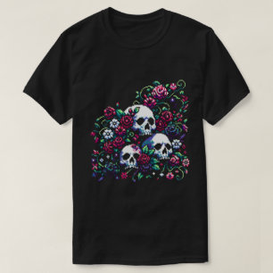 Gothic Bloom Floral Skulls in Elegant Pixel Art T-Shirt